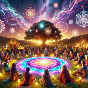 An abstract depiction of a harmonious community engaged in collective meditation, surrounded by vibrant energy fields symbolizing healing frequencies.