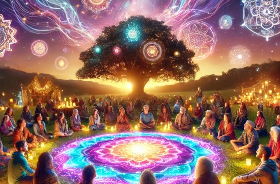 An abstract depiction of a harmonious community engaged in collective meditation, surrounded by vibrant energy fields symbolizing healing frequencies.