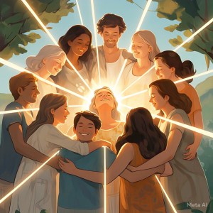 image depicting interconnected human figures radiating light, symbolizing collective energy and unity