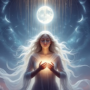A serene, mystical feminine figure stands bathed in moonlight, eyes closed, radiating calm and sacred presence. Her long flowing hair moves gently with the unseen breeze. She wears a sheer, ethereal gown that glows faintly in silvery blues. Her hands are open at her heart center, receiving golden strands of cosmic light descending from the full moon above her. The background is a celestial dreamscape—swirling stars, faint auric patterns, and soft clouds of indigo and violet. Around her, subtle sacred geometry pulses with life. The mood is divine, quiet, and powerfully receptive—symbolizing the awakened feminine in perfect harmony with the universe.