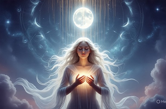 A serene, mystical feminine figure stands bathed in moonlight, eyes closed, radiating calm and sacred presence. Her long flowing hair moves gently with the unseen breeze. She wears a sheer, ethereal gown that glows faintly in silvery blues. Her hands are open at her heart center, receiving golden strands of cosmic light descending from the full moon above her. The background is a celestial dreamscape—swirling stars, faint auric patterns, and soft clouds of indigo and violet. Around her, subtle sacred geometry pulses with life. The mood is divine, quiet, and powerfully receptive—symbolizing the awakened feminine in perfect harmony with the universe.