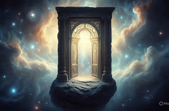 A mysterious, otherworldly doorway floating in a cosmic void, half in shadow, half illuminated by radiant golden-white light.