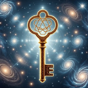 A radiant golden key suspended in a cosmic void, surrounded by luminous swirling galaxies and beams of white-gold light.