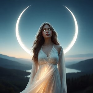 Ethereal young woman in flowing white dress under a new crescent moon, symbolizing fresh beginnings and wild feminine spirit