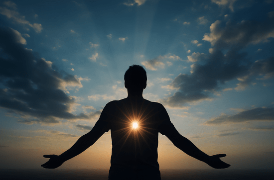person standing under open sky, light radiating from heart centre